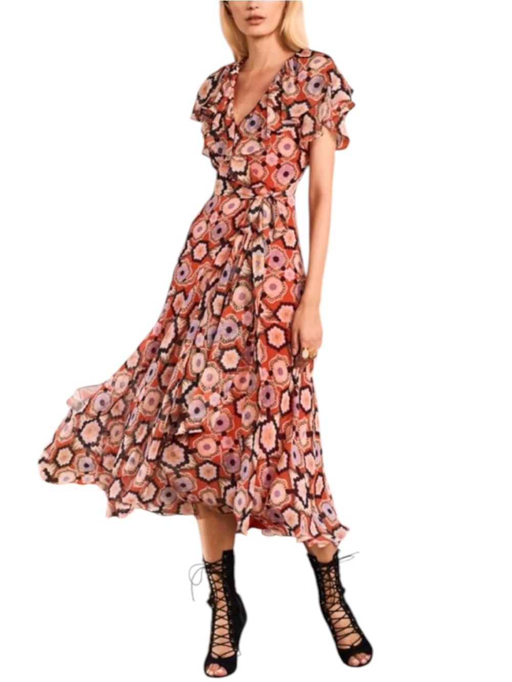 Temperley London Multi Color Crochet Print Silk Wrap Midi Dress UK 12 US 8